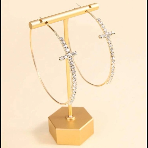 Cubic Zirconia Cross Hoop Earrings - Picture 4 of 6